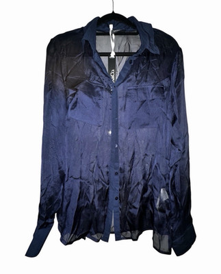 Mango Women's Blue Sheer Silk Chiffon Button-Up Collared Blouse Size 6