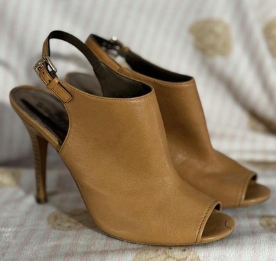 Coach Tan Leather Peep Toe Slingback Heels Buckle Strap US 7.5B EU 37.5