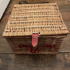 Image of Square Wicker Picnic Hamper Basket with Red Handle and Matching Fastening Clasp