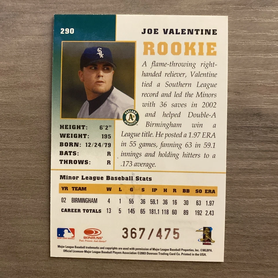 2003 Donruss Champions Signatures #290 Joe Valentine 367/475 RC AUTO - Image 2 of 2