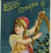 Estey Organ Co Beautiful Young Girl Playing Harp Nighttime Scene F74