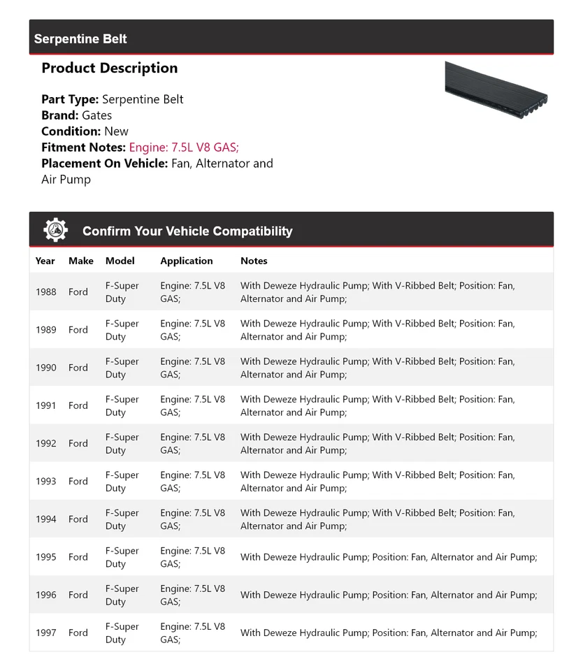 For 1988-1997 Ford F-Super Duty Serpentine Belt Gates 1989 1990 1991 1992 1993 - Image 2 of 4