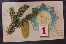vtg postcard 1907 Germany January 1 Wishing you a happy new year sun pinecone