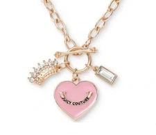 Juicy Couture Pink Enamel 1" Heart Charm Crown 17" Toggle Pendant Necklace NWT