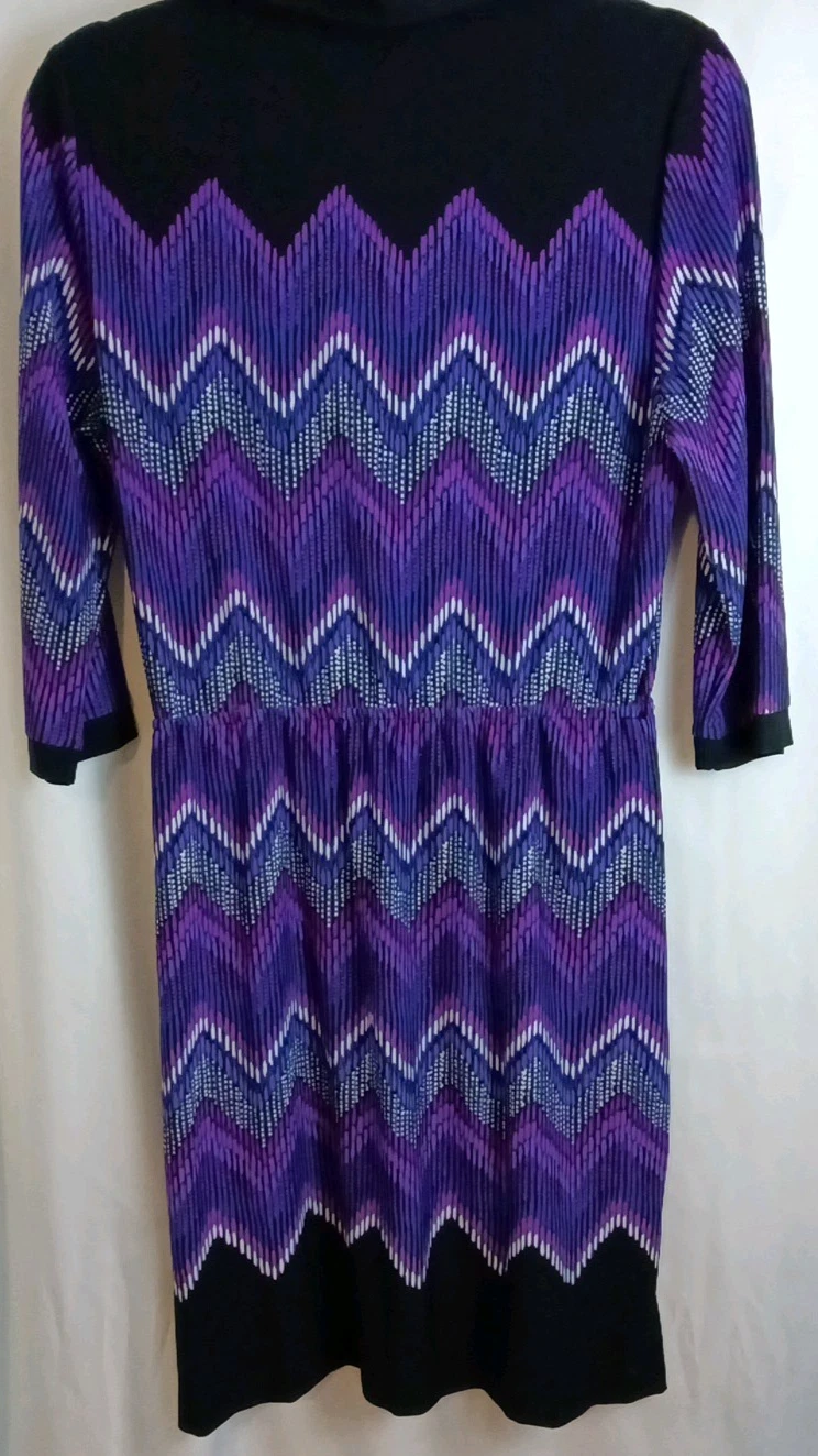 VETEMENTS Abito Sandra Darren viola e nero fantasia chevron maniche a 3 4 taglia 10