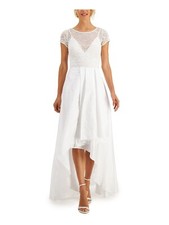 JKARA Junior's White Overlay Sleeveless V Neck Full-Length Evening Hi-Lo Dress L