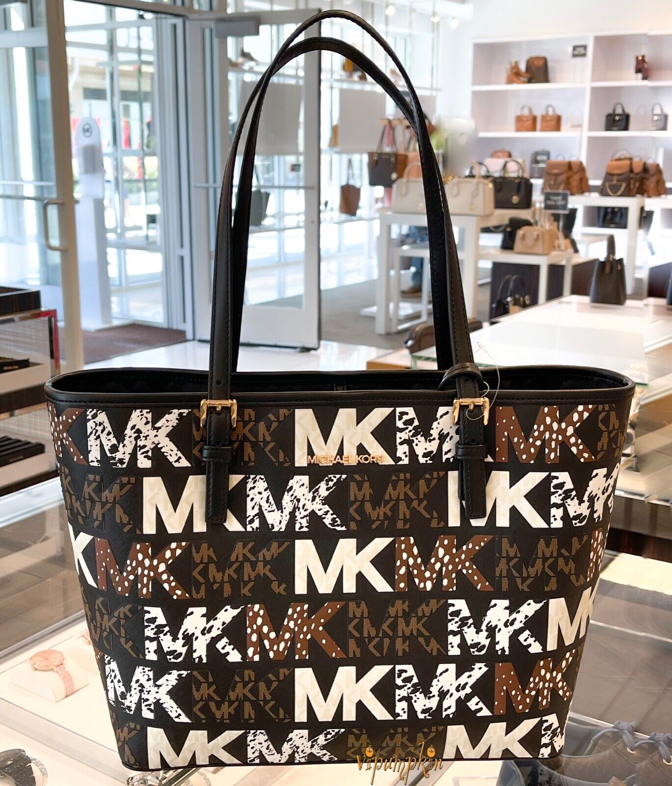 Michael Kors Jet Set Medium Carryall Tote Graphic MK Logo Black Multi  Center Stripe Bundled with Michael Kors Jet Set Travel MK Signature Brown