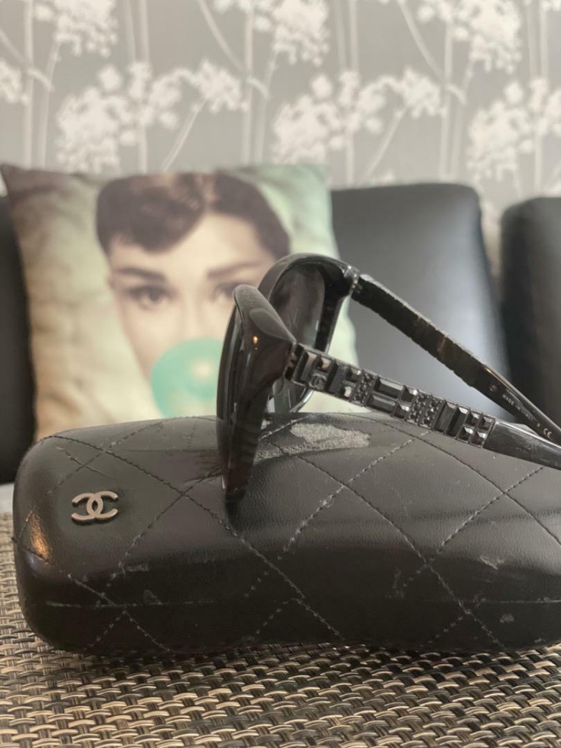 Auth CHANEL CC Logo Stones Sunglasses Black 5309-B-A Used
