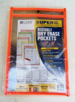 C-Line 6'' x 9'' Heavy Duty Reusable School Dry Erase Pockets Neon Colors 10/pack