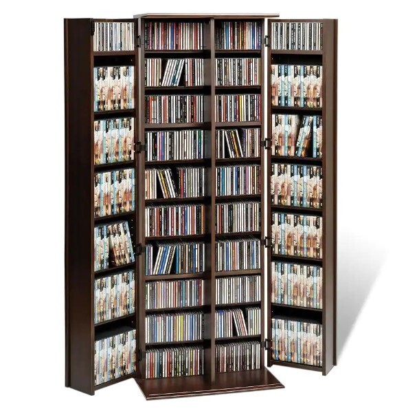 Media Storage Cabinet Tower Double Door CD DVD Video Game Adjust Shelves Locking