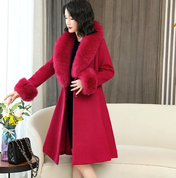 Women Faux Fur Collar Long Jacket Wool Blend Coat Double Face Red
