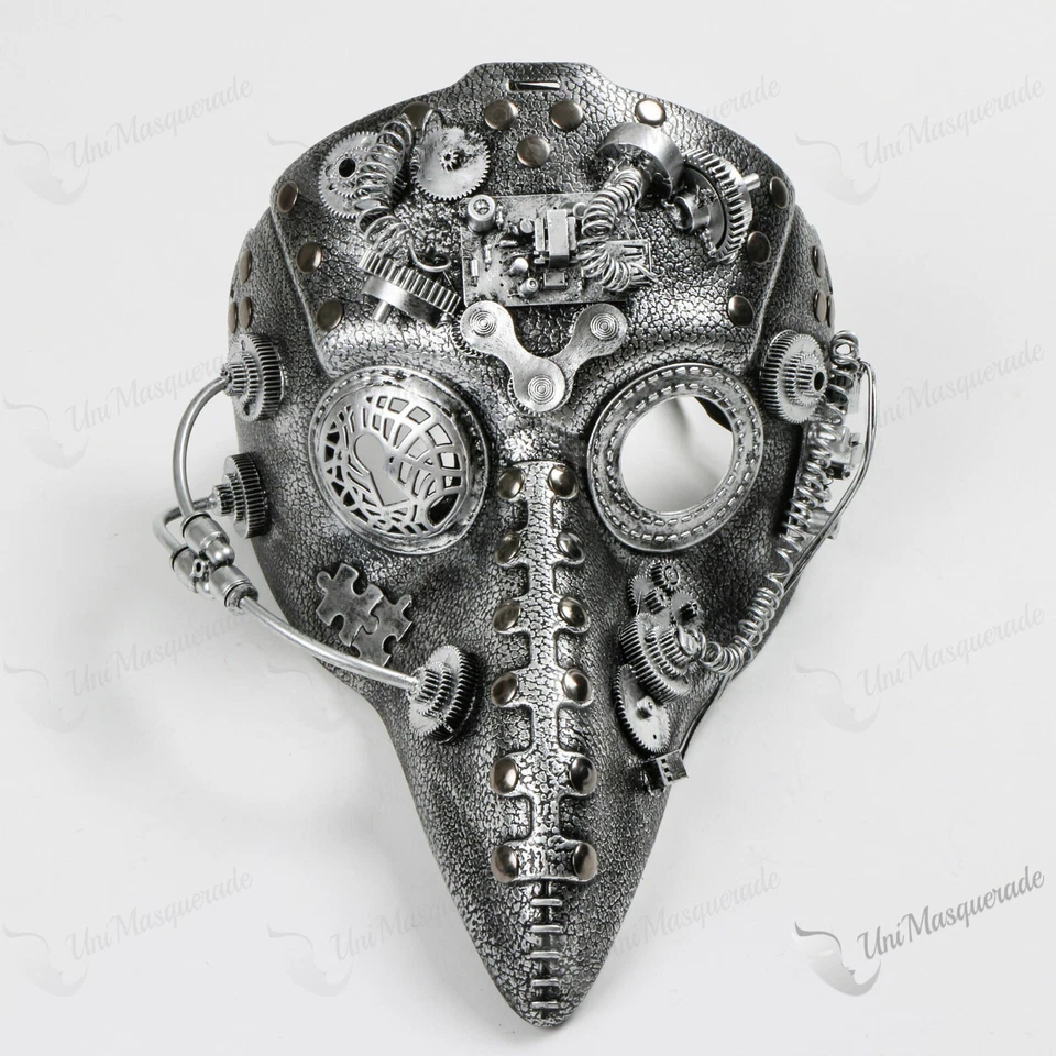 Disfraz Steampunk Cuervo Pájaro Peste Dr. Halloween Mascarada Fiesta Máscara Plateada Foto 2 de 4