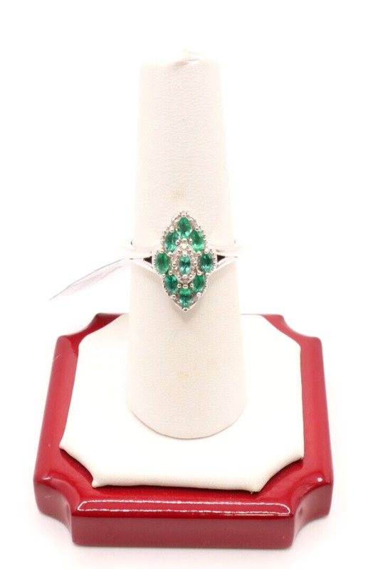 Sterling Silver 925 Emerald & Diamond Rhombus Cocktail Band Ring, Size 8
