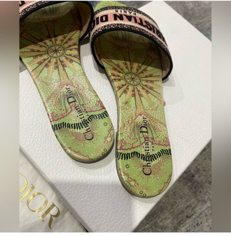 Christian Dior Women's Green Pink  Dway Embroidered Cotton Slide Sandal Shoes 40 image 3
