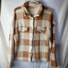 New In Womens Large Plaid Sherpa Shacket Button Front Beige Brown