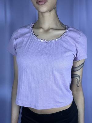 SO Ribbed Baby Tee Womens Top Size S Scoop Neckline Lace Trim Bow Detail Fairy