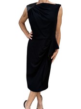 Rickie Freeman Teri Jon Black Cocktail Dress 14 Leather Sleeveless Sheath Midi