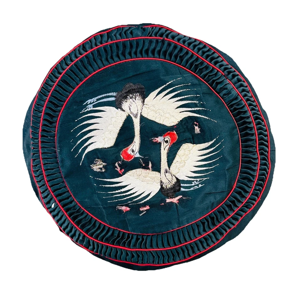 Vintage Asian Oriental Birds Round Embroidered Black Satin Throw Pillowcase - Image 2 of 4