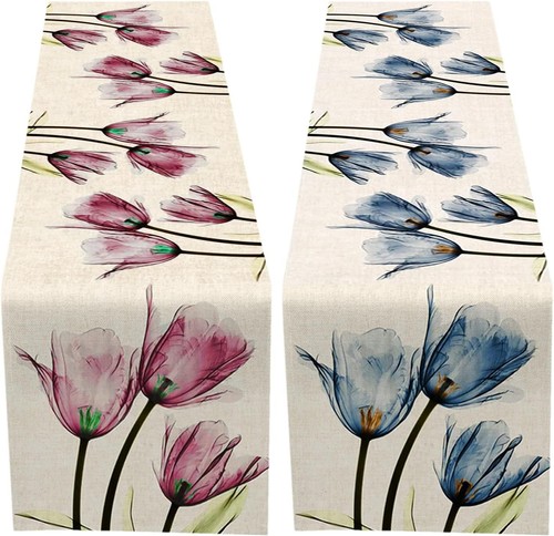 Tulpe Leinen Tischläufer 2 Packungen, Sommer Tischläufer 13 x 70 cm, Blume Floral  - Bild 1 von 6