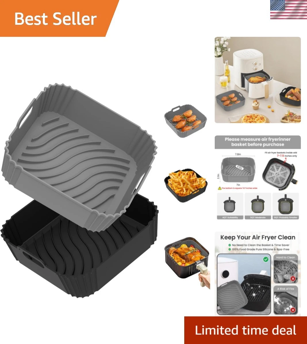 2 Pack Silicone Air Fryer Liners, Square Reusable Non-Stick Basket Inserts fo...
Opens in a new wind