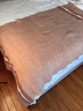VTG WARM BROWN CREAM STRIPE FUZZY WOOL MOHAIR CAMP TWIN BLANKET