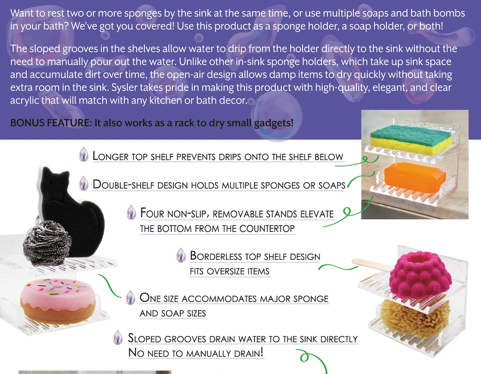 亚克力双搁板排水海绵支架,肥皂盒,肥皂碟,肥皂保护器 — 第 2/4 张图片