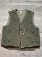 Vintage Carhartt Canvas Vest V26 ARG Work Wear Sherpa Fleece Lined Size L Green