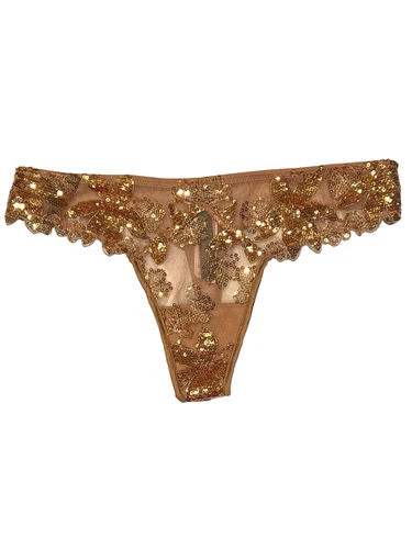 NWT VICTORIA'S SECRET Very Sexy Thong Pantie Sz XS-S-M Beige Mesh Gold Sequins