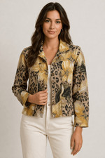 Chico s Linen Jacket Size 2 Floral Leopard Print Button Front