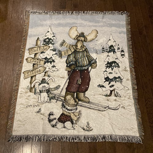 Moose Skiing in Snow Tapestry Blanket Throw Vintage Winter Christmas