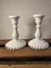 Pair of Vintage Fenton Art Glass 6" Silver Crest Milk Glass Candlestick Holders