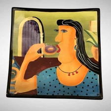 NAYLOR DESIGNS Mary Naylor Donut Deva Plate 9.75" Square Hand Painted Ceramic Ki