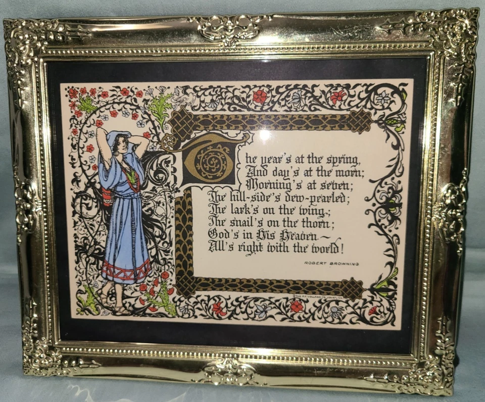 Antique P. F. Volland framed colored print, Robert Browning poem w lady in blue