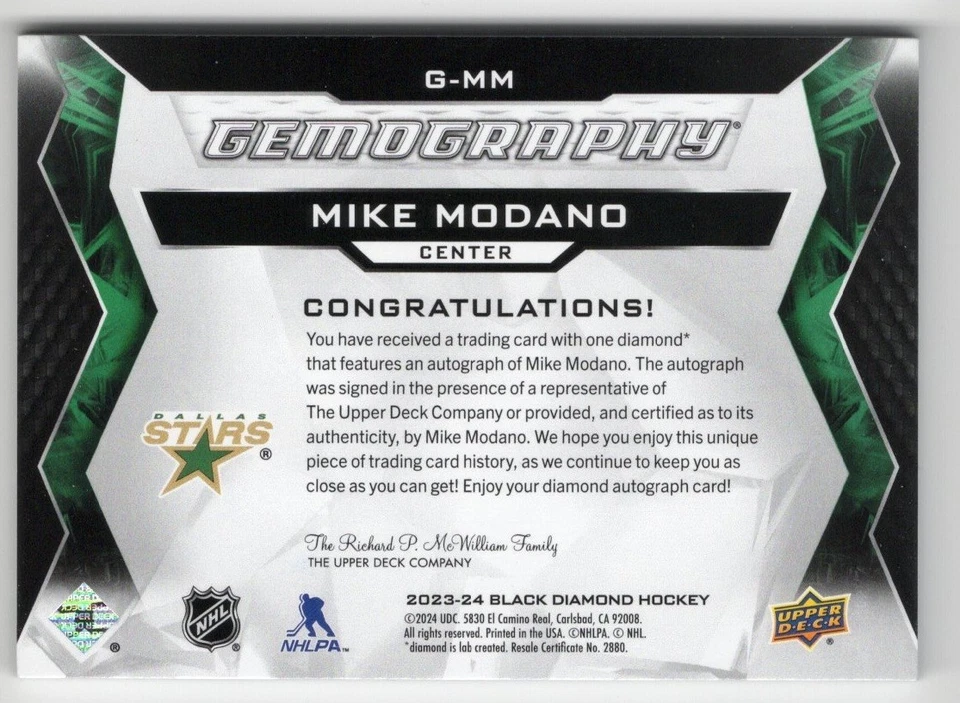 2023-24 Black Diamond Gemography Diamond Relics Auto Emerald Mike Modano 4/5 - Image 2 of 2
