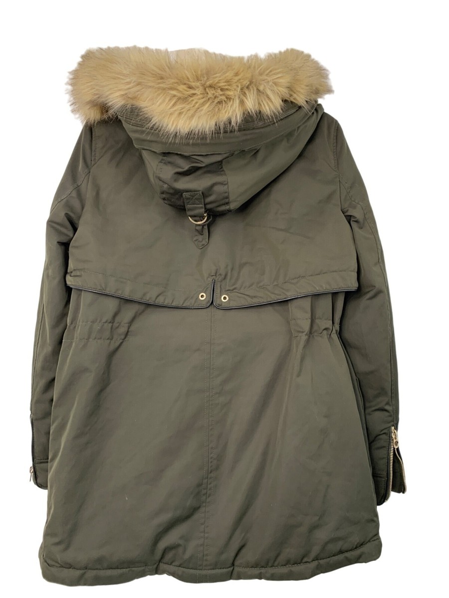 Zara Trafaluc Womens Khaki Parka Jacket Faux Fur Hooded