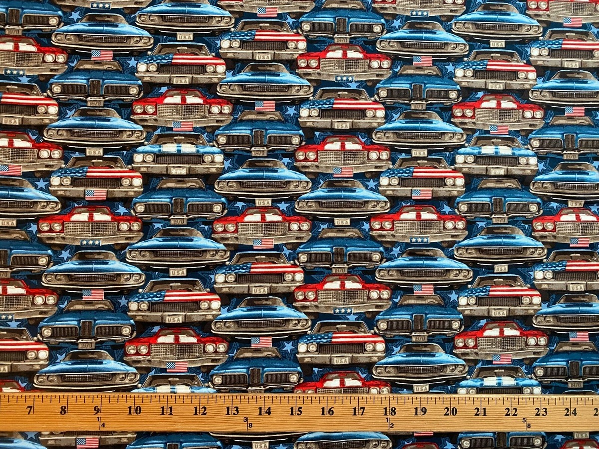 CLASSIC MUSCLE CARS CAR PARTS USA PACKED RED WHITE BLUE COTTON