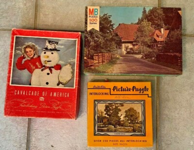 3 VTG Puzzles -MB Croxley-Playtime House Snowman- Built Rite Summer Idyll Used