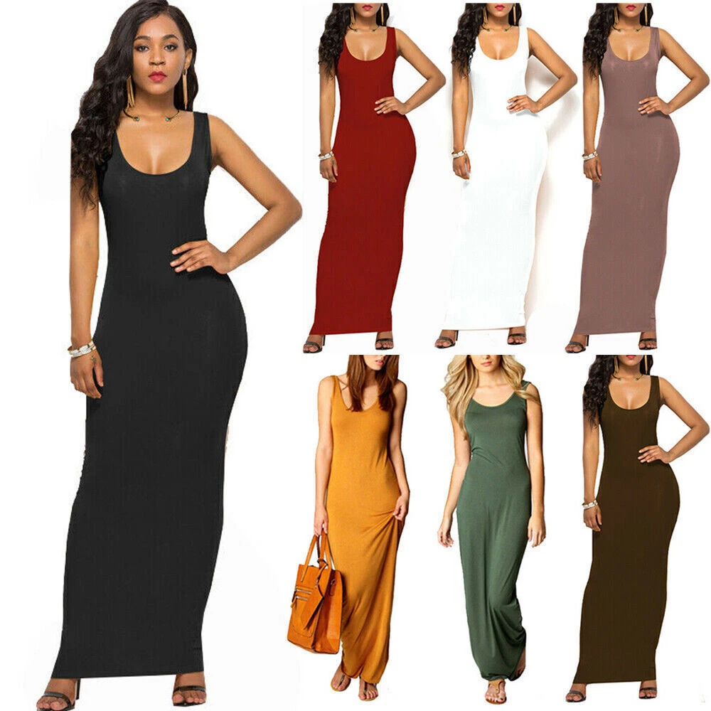 Women Summer Bodycon Maxi Tank Dress Plain Sleeveless Slim Fit