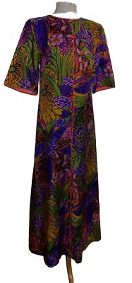 COLIN GLASCOE SZ 10 AUTHENTIC 1970'S HALF SLEEVE LINED TROPICAL SILK MAXI DRESS