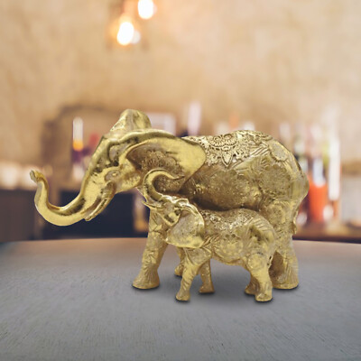 7.5''W Gold Thai Elephant w/ Baby Figurine Ornament Home Decor Unique Gift