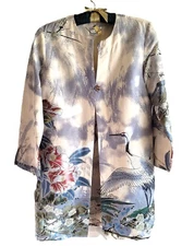 Citron Silk Linen Jacket long tropical Asian Tropical print birds flowers size S