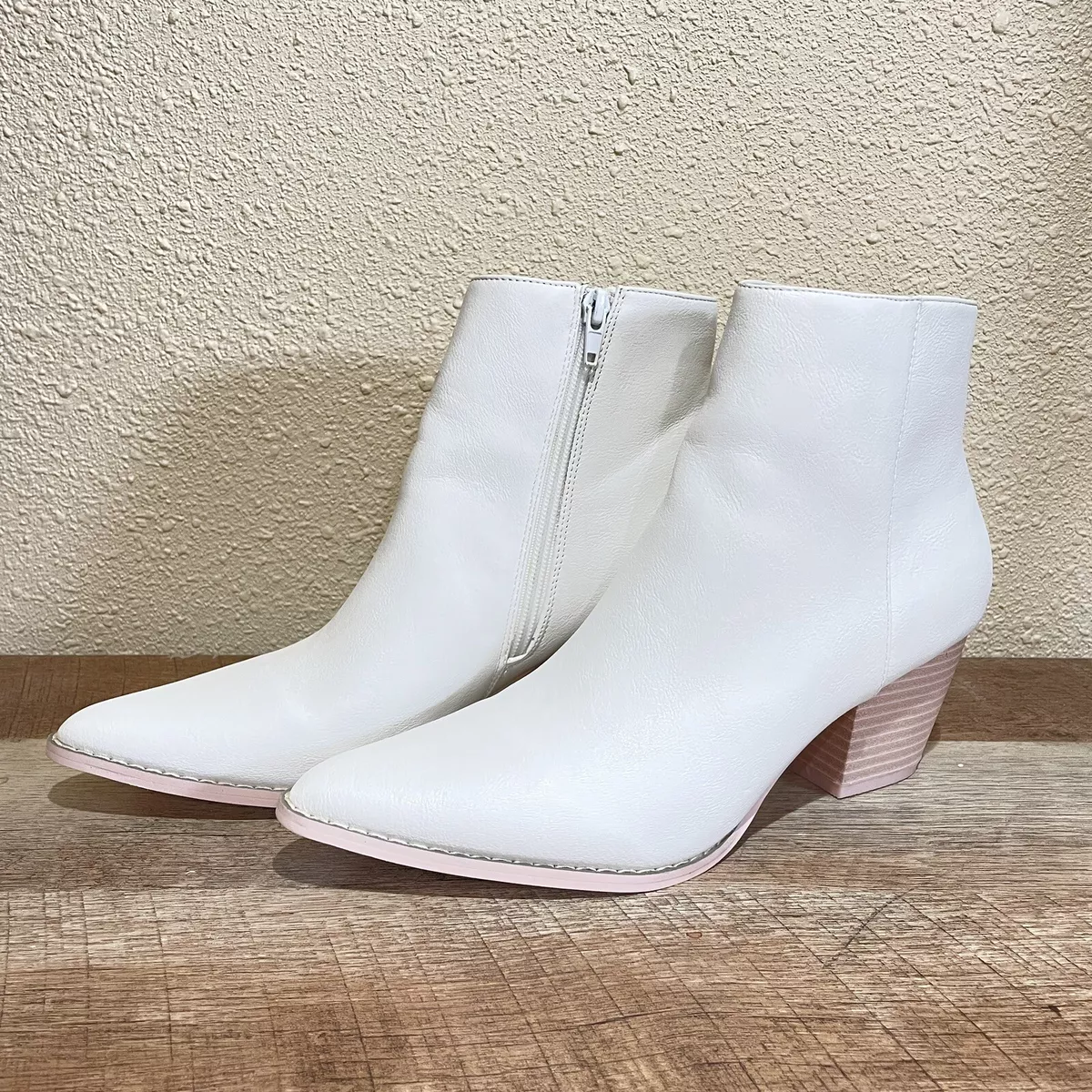 White booties with wood cheap heel