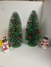 2 Christmas Trees With Fake Snow and Ornaments 13"  2 Snowmen with Led Lights
