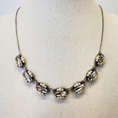 Miriam Haskell Art Deco Necklace Silver-Tone Faux Pearls Rhinestone Signed