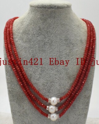 Fashion 3 Row 2x4mm Red Jade Roundelle Gems 9-10mm White Pearl Necklace 18-20''