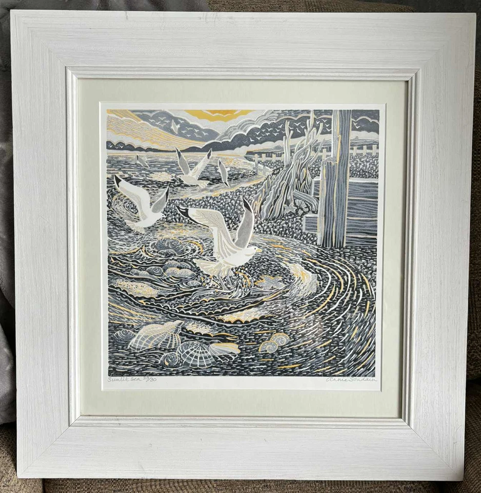 Reducción Linocut 'Sunlit Sea' Annie Soudain Edición Limitada 25/30 Enmarcado Foto 2 de 4