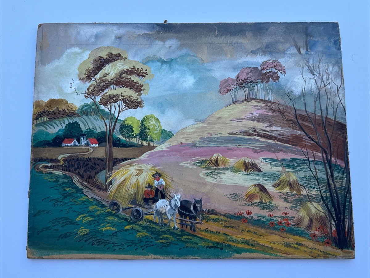 ANTIQUE WPA ERA PAINTING FARM FARMING FARMER HAY RIDE LISTED