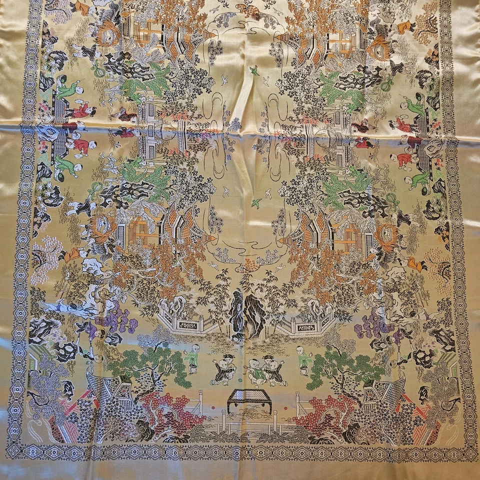 Cantonese Silk Brocade Tablecloth Wall Art 57"x76" Asian Cukture Loop Fringe - Image 4 of 4