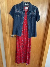 STUDIO EASE Red 2pc Red Paisley Maxi Dress w/Denim Jacket ~Size 8~Rayon & Cotton