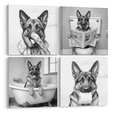 LUKIPOM Funny German Shepherd Bathroom Wall Art Canvas Prints Set of 4, Funny...